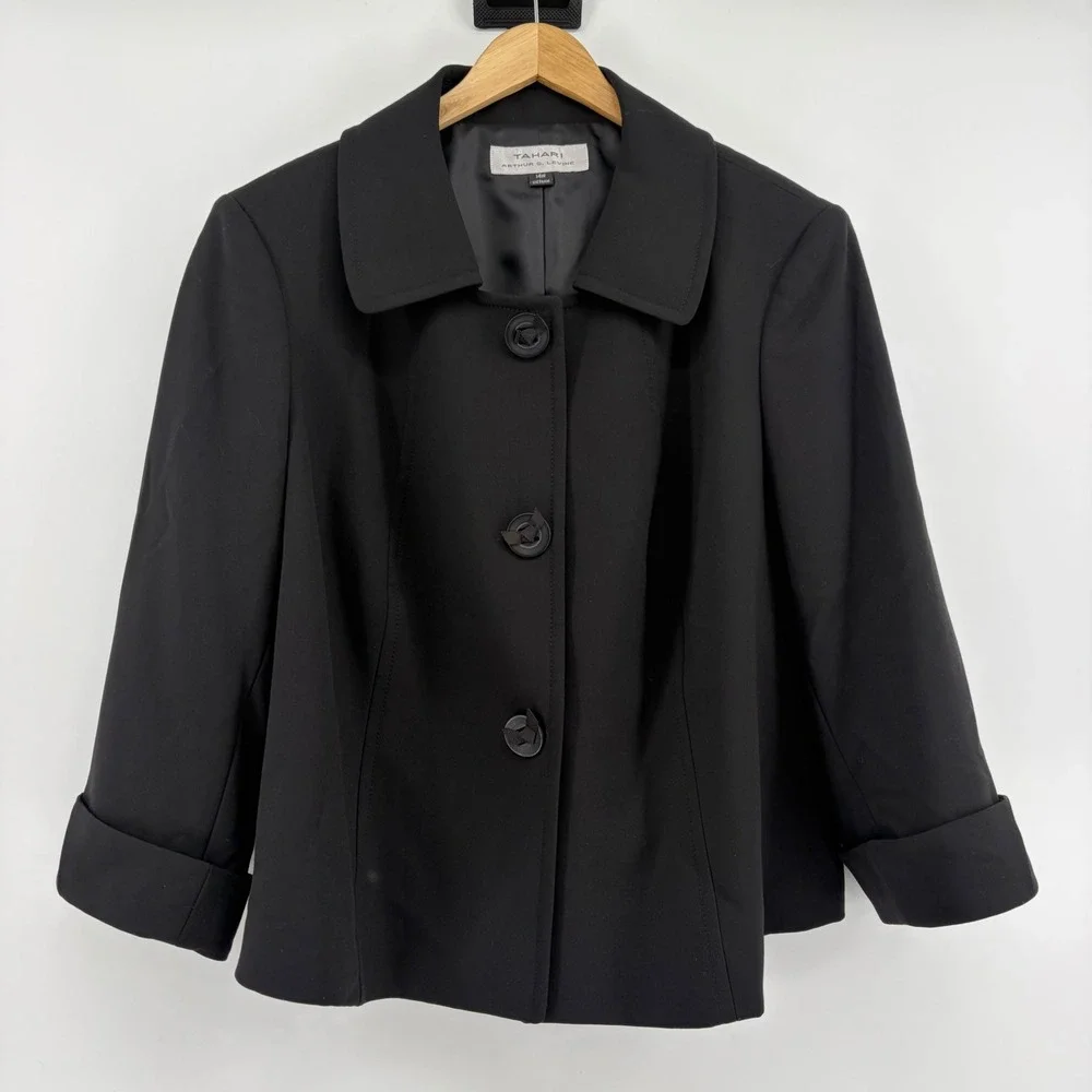 Tahari Arthur S Levine Black‎ Button Front Swing Jacket 14W 3/4 Sleeve Lined